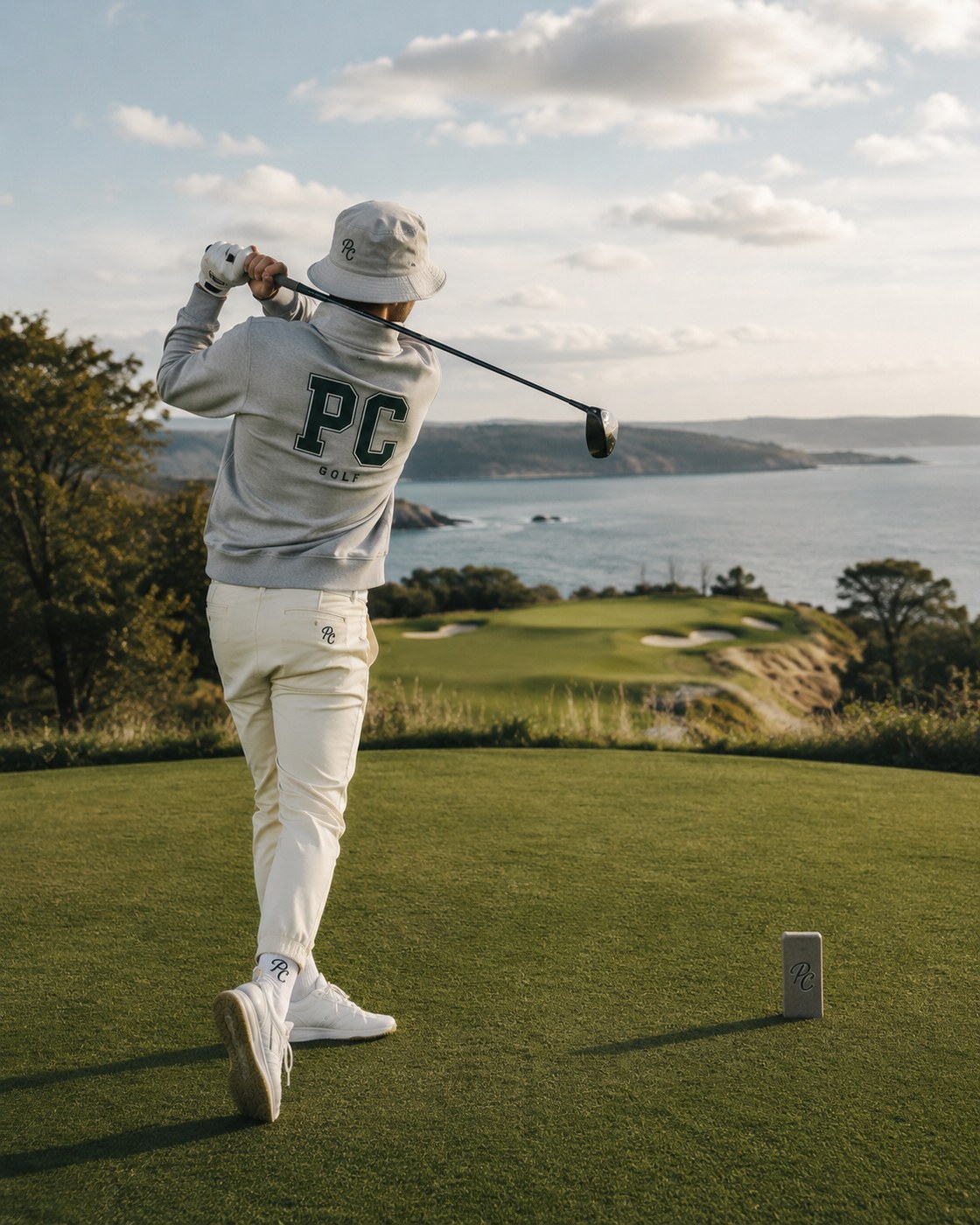 Golfer in PureChain apparel on a clifftop tee overlooking the ocean